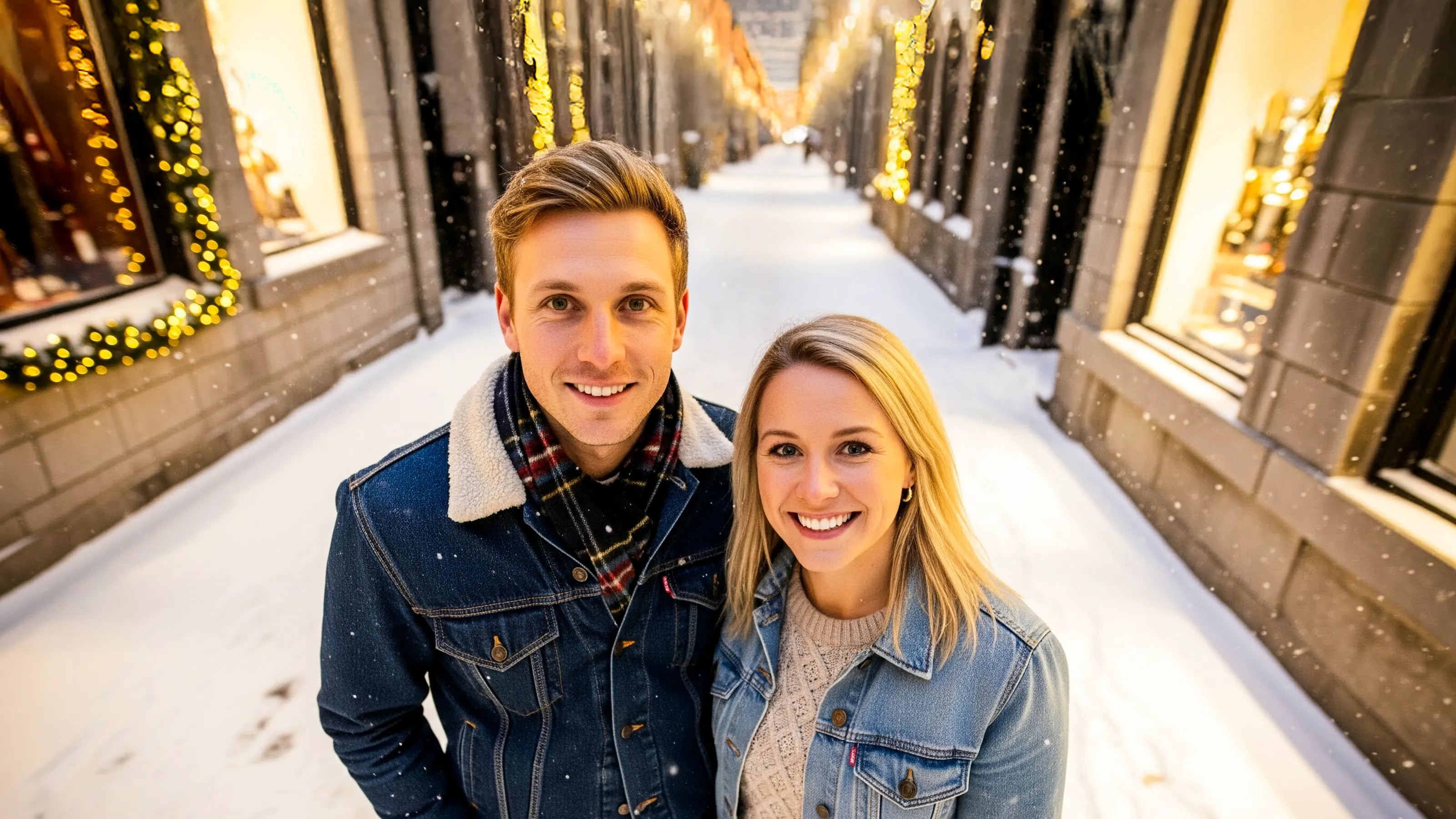 The image shows a smiling couple standing closely together on a snowy street decorated with warm holiday lights. Both are dressed in denim jackets with cozy layers underneath—one person wears a shearling-lined denim jacket and plaid scarf, while the other wears a lighter denim jacket over a knit sweater. Snowflakes are gently falling, and the background features warmly lit shop windows and festive garlands, creating a cheerful winter or Christmas atmosphere.
